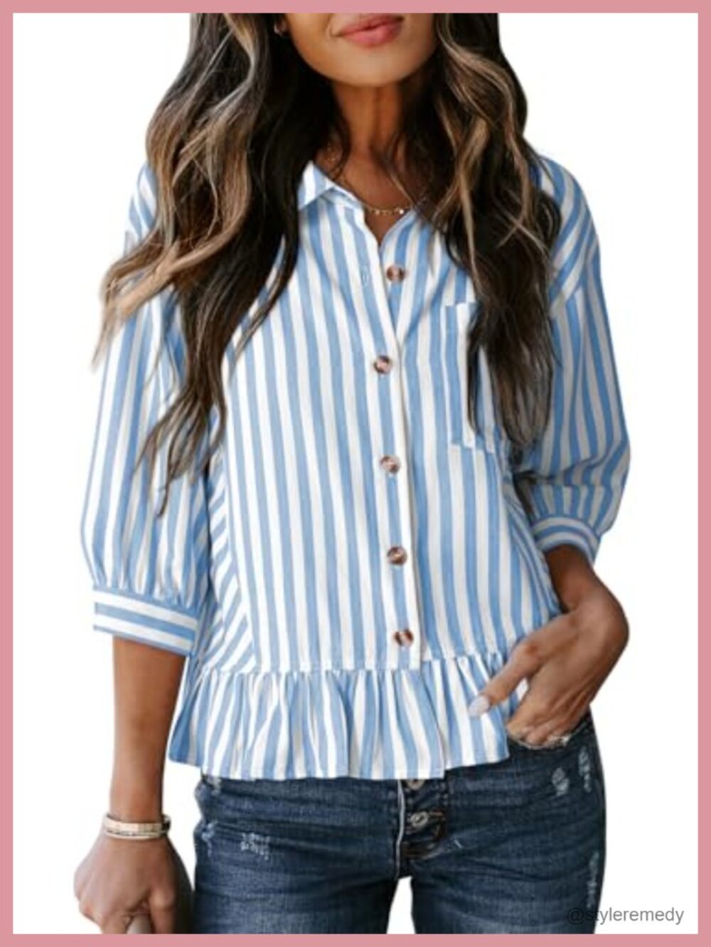 Striped 3/4 Sleeve Button Down Peplum Babydoll Blouse Ruffled Hem